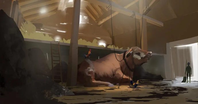 A huge bovine creature in a barn from a giant Sparrow game concept art