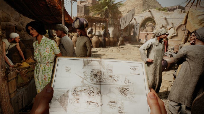 The player looking at a paper map while wandering a bazaar in Indiana Jones And The Great Circle