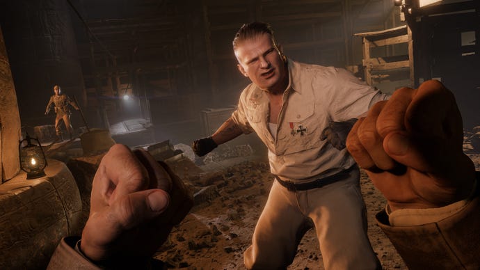 Indiana Jones punching a big Nazi in The Great Circle