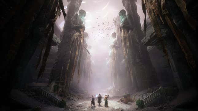 Rook, Emmrich, and Lucanis walk through a long hallway with skeleton statues along the side.