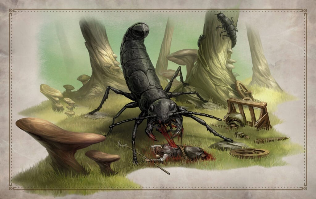 In a TTRPG epic illustration by Geoff Gray, a giant black insect with multiple legs devours a small dead animal in a forest clearing. Large mushrooms and wooden remnants are scattered around, painted in earthy tones against a foggy green backdrop that hints at adventure.