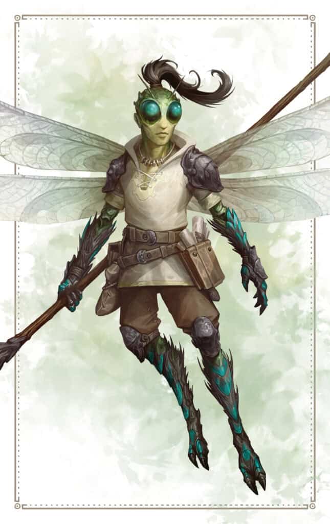 Amidst a soft, cloudy green backdrop, an adventure-ready fantasy character with insect-like features stands poised with a staff. Their dragonfly wings shimmer against their green skin, large goggles catching the light, while armor adorned with intricate leaf patterns promises tales of epic TTRPG quests.