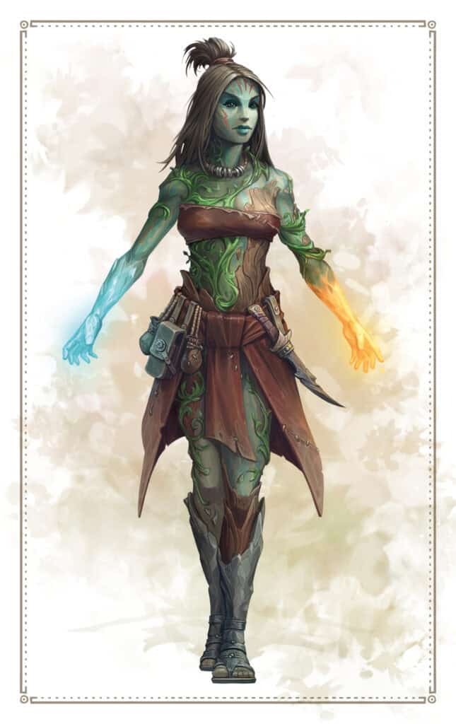 A mystical character with green and brown hues, adorned with leaf patterns. She wears a nature-themed outfit, her glowing hands—one blue and one orange—suggest an elemental adventure. Accessories include pouches crawling with insects and a knife, perfect for any TTRPG quest.