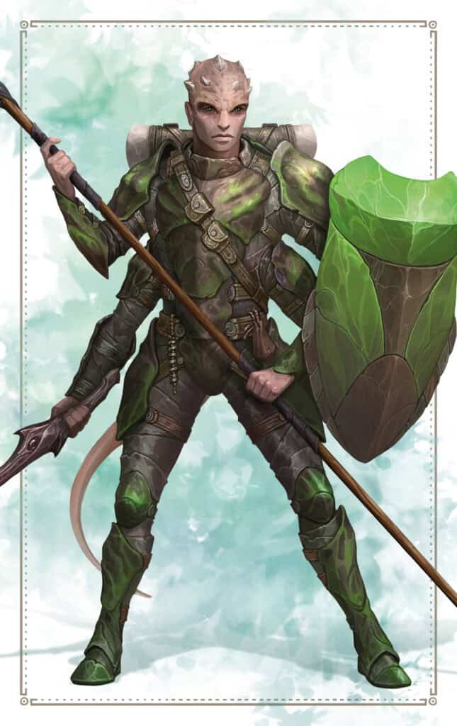 A fantasy character with reptilian features stands confidently in green armor, ready for adventure. They wield a long spear while their large shield displays a leaf motif. The watercolor-style background of greens and blues hints at a vibrant TTRPG world where every step is an epic journey.