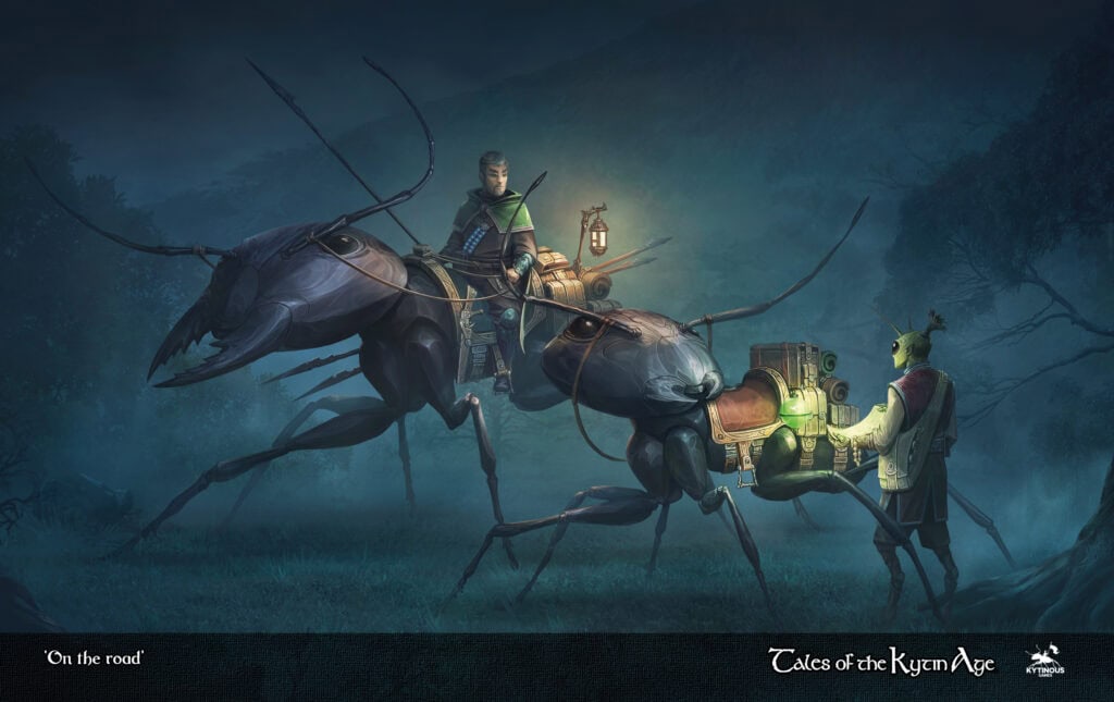 A fantastical scene unfolds as a daring adventurer rides a colossal insect-like creature along a misty path. The rider holds a lit lantern, while another figure inspects a map. The setting is dark and atmospheric, reminiscent of a TTRPG quest under the starry sky.