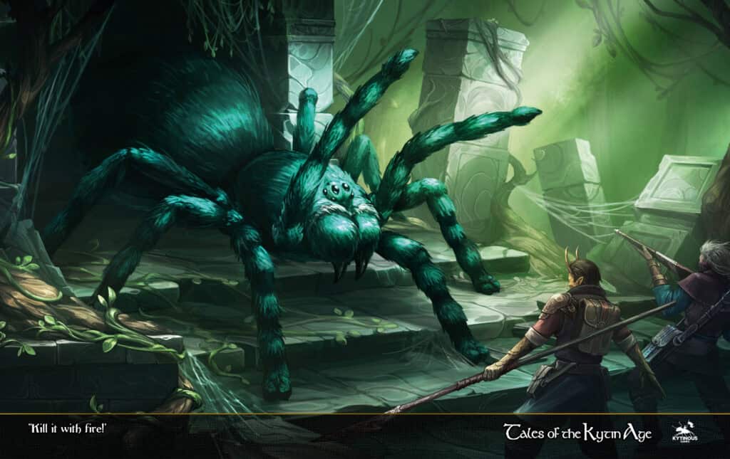 A large, menacing spider with vibrant green fur confronts two adventurers in a mystical TTRPG forest setting. The adventurers, armed with a sword and crossbow, stand ready amidst ancient ruins. Dappled sunlight filters through the canopy above, adding a touch of magic to their impending adventure.