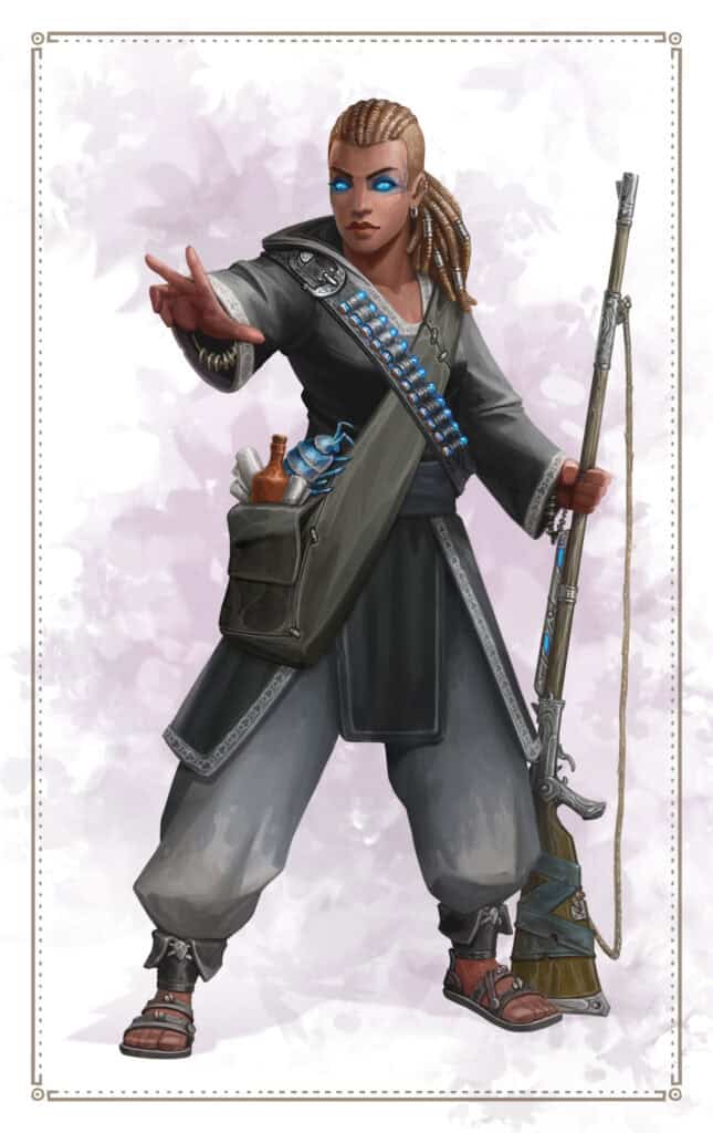 Illustration of a person standing confidently and pointing, embodying an adventurous spirit. They have braided hair, glowing blue eyes, and wear a dark outfit with a sash, holding a rifle fit for any TTRPG quest. A bag filled with potions and gear is slung over their shoulder.