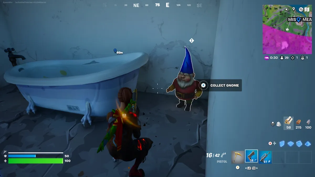 A gnome hides in a run down old bathroom