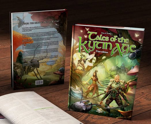 Two copies of the fantasy book "Tales of the Kytan Age: First Edition" rest on a wooden surface, with a vivid cover depicting an elf-like character, a woman, and a lush, mystical forest. Perfect for fueling your next TTRPG adventure with its immersive text and illustrations.