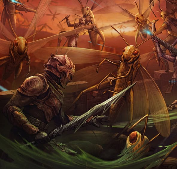 Amidst a fiery sky, a warrior in detailed armor wields a sword against giant, humanoid insects. This TTRPG scene is intense and chaotic, with flying insects and dynamic motion creating an apocalyptic atmosphere ripe for adventure.