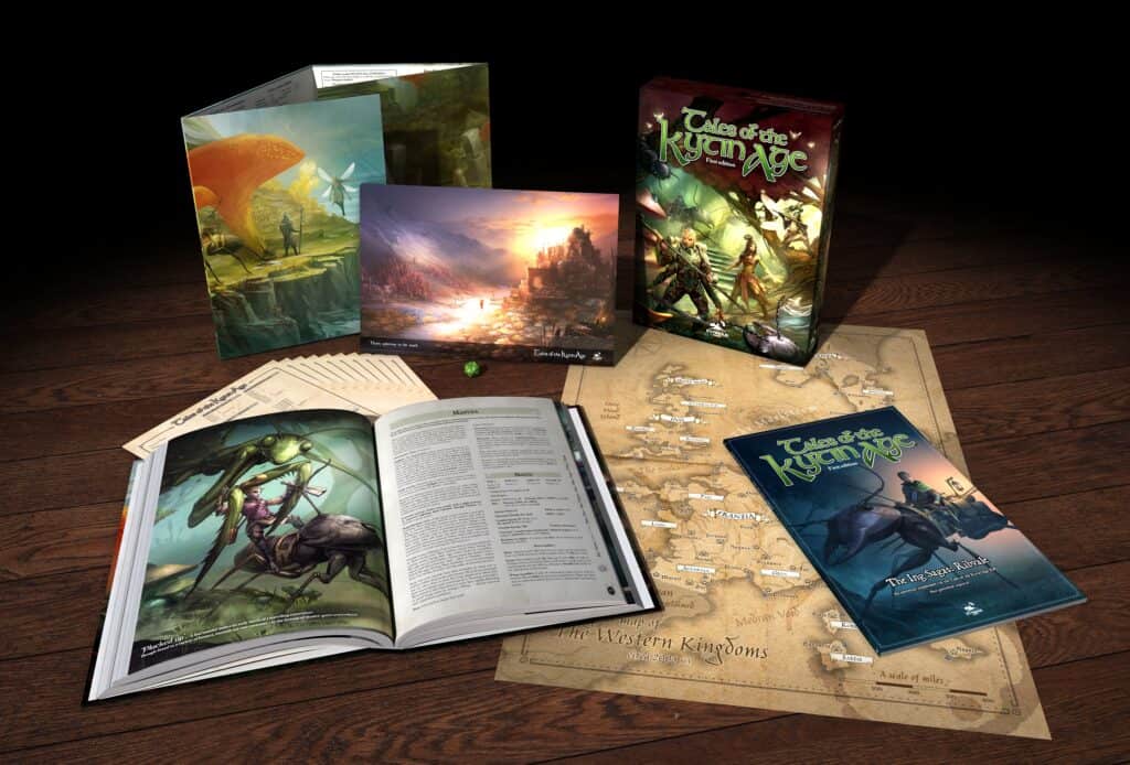 A TTRPG setup features a map, colorful game manuals, and a green die on a wooden surface. The scene brims with adventure-themed art and a book titled "Tales of the Known Age," transporting players to fantasy realms where even insects have stories to tell.